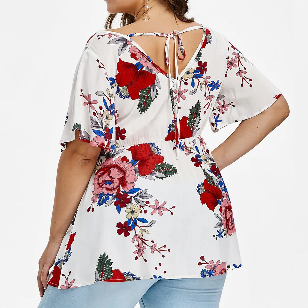 2018 Women V Neck Chiffon Shirts large size Floral Print Summer Shirt Plus Size Tops Backless Bandage Blouse Boho 5XL 4XL Blusa Blouses