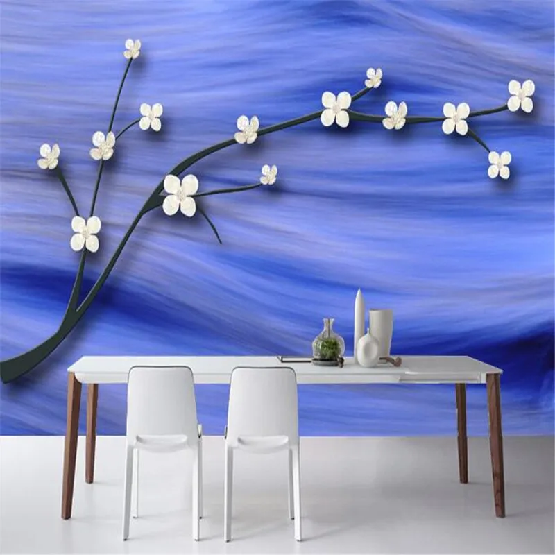 3D Wall Paper for Walls Vintage Blue Non Woven Wallpapers Luxury Plum Blossom Mural Living Room