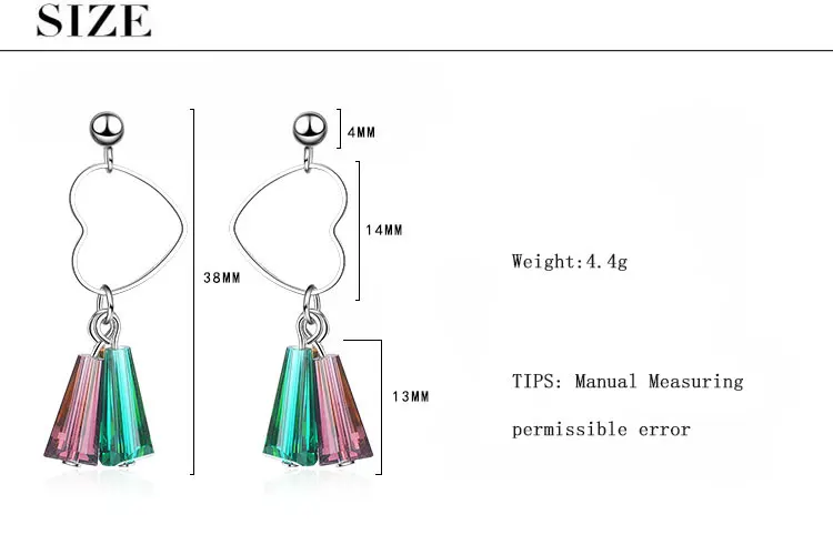 Anenjery, 925 пробы, серебряные серьги в виде сердца, разноцветные, искусственный кристалл, радужные серьги с кисточками для женщин, S-E659