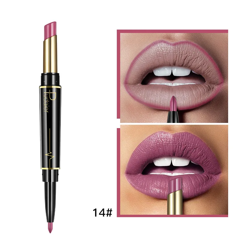 Pudaier губная помада, макияж, матовый, телесный+ карандаш для губ, увлажняющий, двухсторонний, полезный, стойкий, телесный, бархатный для ручки, косметика - Цвет: Color 14