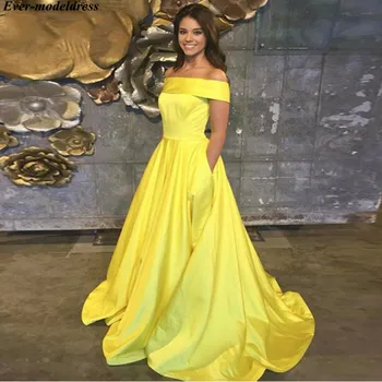 

Long Prom Dresses 2019 Vestido de Festa Off Shoulder Satin Pockets Simple Party Gown Evening Dress A Line Prom Dress Cheap