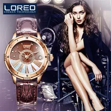 LOREO модные элегантные женские Автоматические механические часы из натуральной кожи женские часы сапфировые водонепроницаемые 50 м часы с бриллиантами