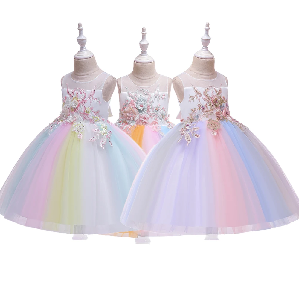 

Flower Embroidered Applique Color Mesh Tutu Dresses for Girls Kid Bow Wedding Party Girl Teen Princess Formal Baby Dress L5137