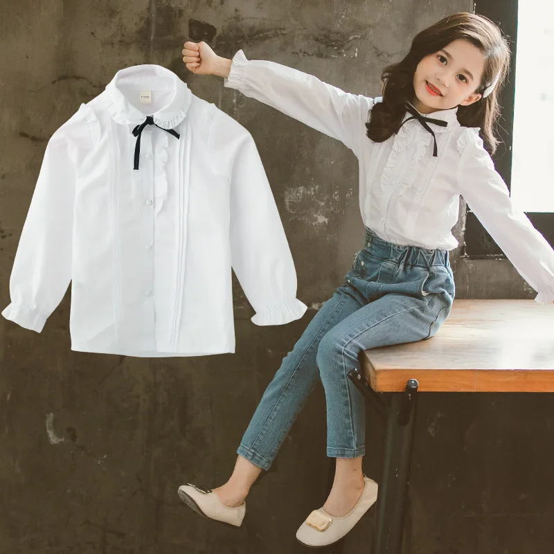 Блузки для девочек; сезон весна-осень; Детские рубашки в консервативном стиле с длинными рукавами и оборками; Повседневная хлопковая одежда для девочек; школьная форма; Vestidos