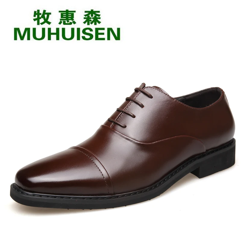 

Muhuisen Young Men Leather Shoes With Top Quality Genuine Leather Men`s Dress Shoes For Fashion Business Men Black Leather Shoes
