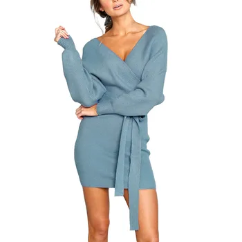 sexy dress women summer Sexy V Neck Knitted Sweater Bodycon Dress  Belted Backless Knitwear dress for women sukienki damskie#g12