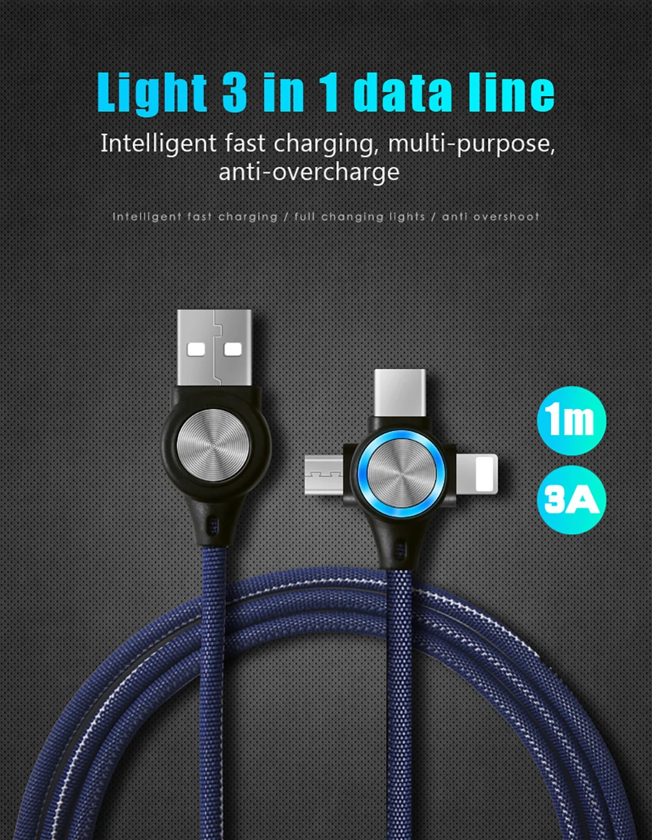 NOHON Fast Charging Sync Data Cable Lighting For iPhone 8 X Plus 3 in 1 LED Micro USB Type-C For Xiaomi Huawei USB Charge Cables (1)