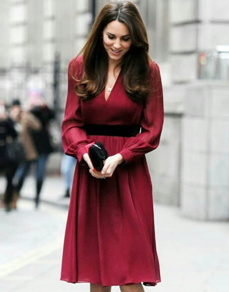 womens summer 2016 Long Sleeves dress Knee Length Dark Red Chiffon