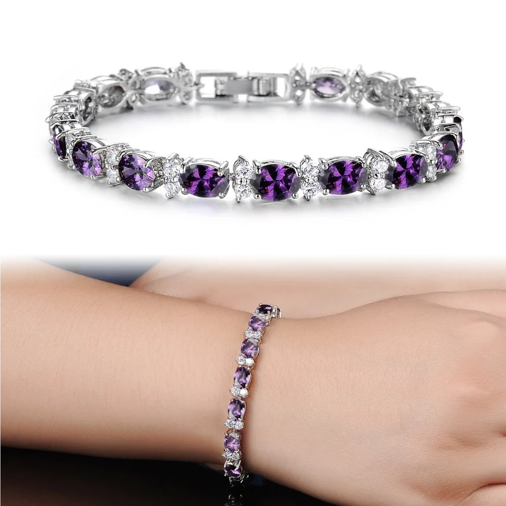 Fate Love Fashion style Elegant Cubic Zircon Women Bracelets Bridal Wedding Full Purple/Green Stone Never Fade Bracelets FL419