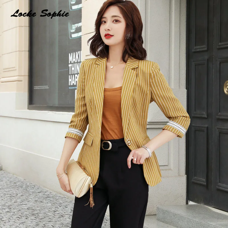 

Women's Plus size Slim fit Blazers coats 2019 Summer cotton blend stripe Small Suits jackets ladies Skinny Blazers Suits coats