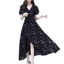 Черное M-4XL шифоновое платье большого размера для женщин летняя новая Корейская версия с v-образным вырезом модное Макси платье vestido feminina JD236