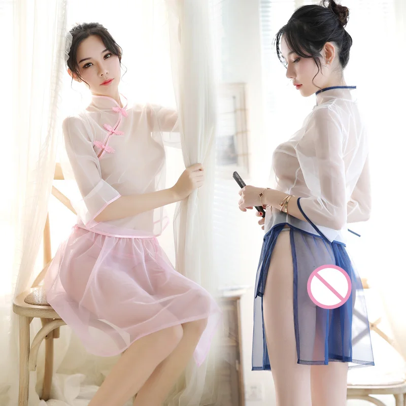 

Sexy Cheongsam Underwear Exotic Lingerie Tops Short Skirt Transparent Retro-Republic School Girl Costumes Pajamas for Women