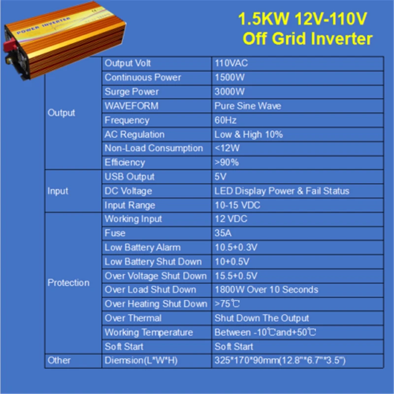 Чистая синусоида 1500 Вт Солнечный мощность Инвертор DC12V-AC110V DC24V-AC110V W/USB