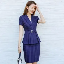 Женский летний Двойка комплект костюмы для собеседования цвет: черный, синий в полоску плюс Размеры юбка/брючные костюмы для Для женщин офисные блейзер с короткими рукавами
