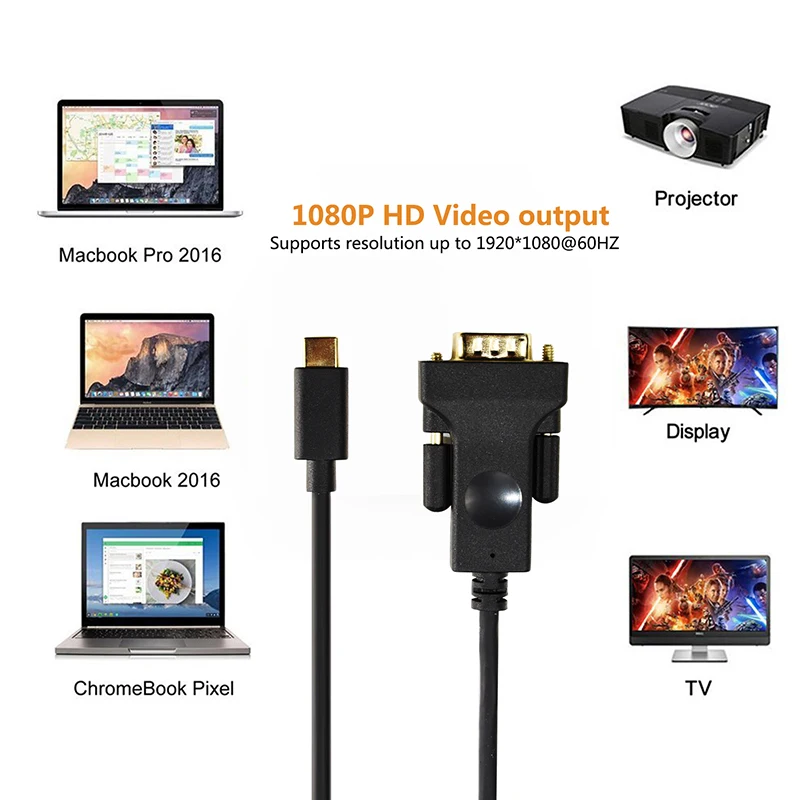 Кабель USB C для VGA 1080P черный Тип ноутбука UHD внешний видеопроектор 1 8 м N110|Кабели VGA|