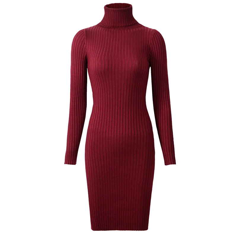 Womens Knitted Sheath Turtle Neck Dresses Long Sleeve Bodycon Solid ...