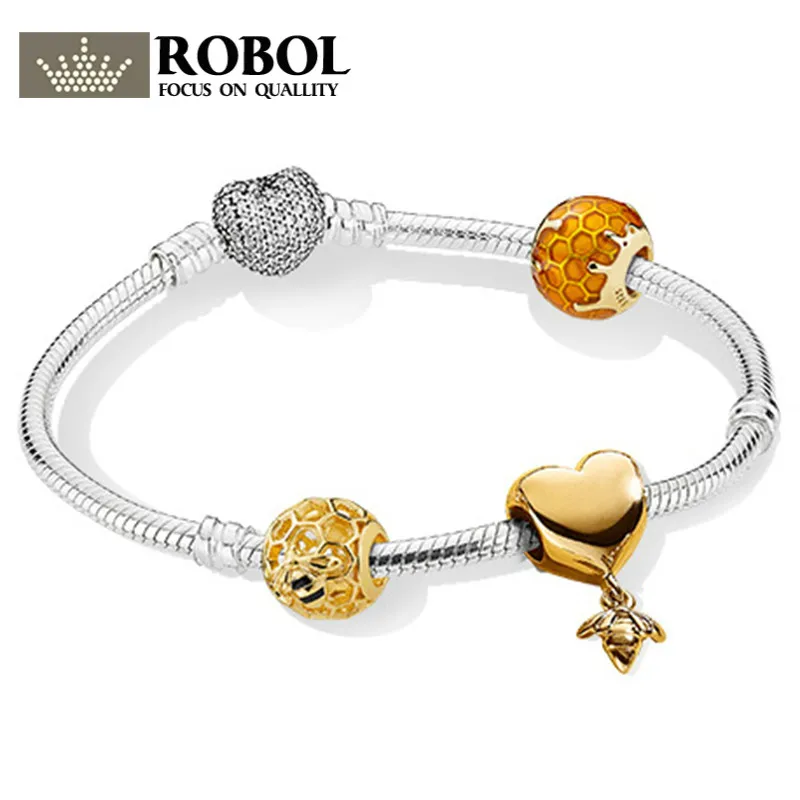 

ROBOL 100% 925 Sterling Silver New Bracelet Set Love And Bees 18K Gold Color Luxury Bracelet Suit Suitable DIY Gift