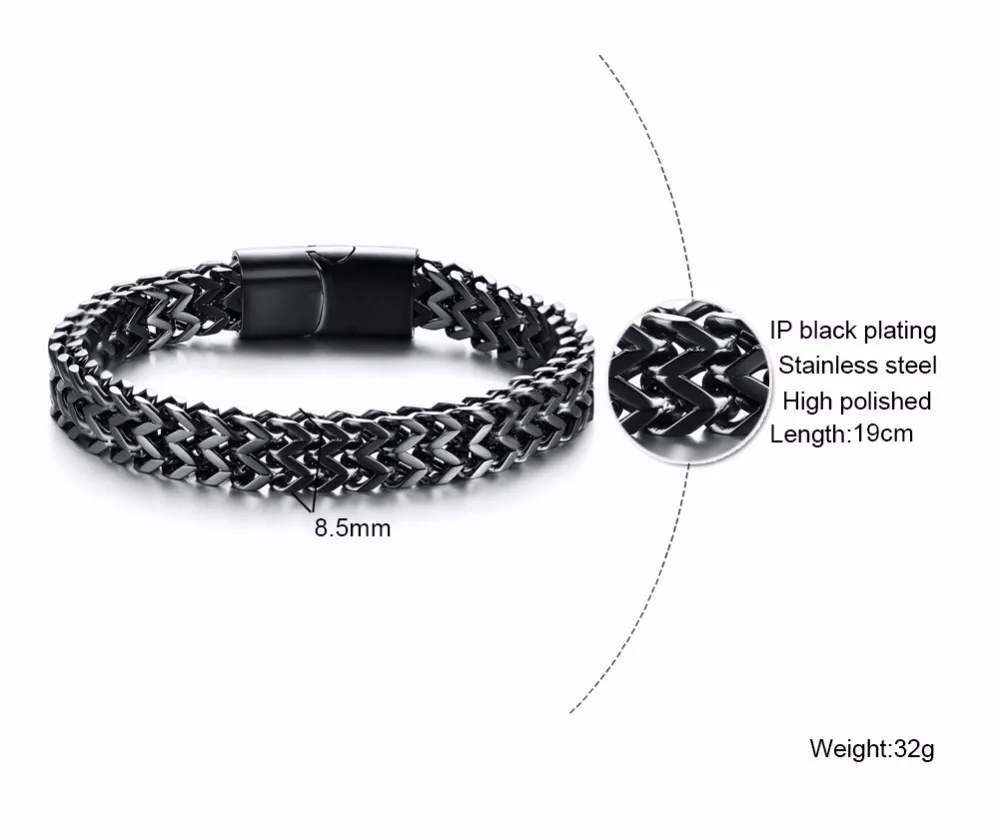 Черный браслет-цепочка с двойным лисохвостом для мужчин, Балийский дизайн, Франко пшеница, 8,5 мм, мужские ювелирные изделия, 7,5-8,26 дюйма