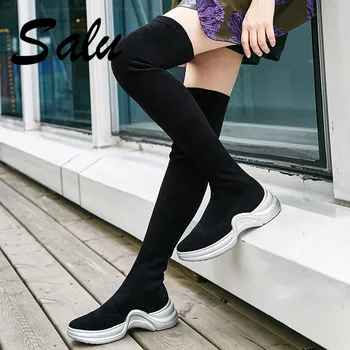 

Salu New Brand Slim Long Warm Shoes Sexy Platforms Dancing Night Club Shoes Woman Ladies High Quality Tight High Socks Boots