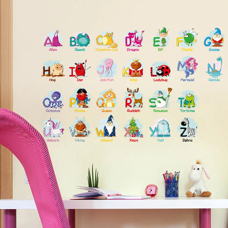 Мультяшные настенные наклейки с алфавитом A-Z английские буквы украшение для дома детские комнаты дома виниловая наклейка Дети Обучающие настенные наклейки