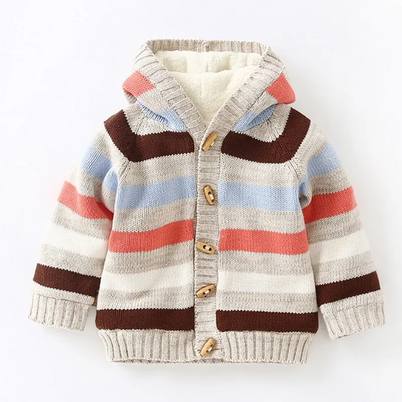Полосатая плюшевая зимняя одежда для маленьких мальчиков свитер с капюшоном в европейском стиле для новорожденных модная однобортная теплая зимняя одежда для маленьких девочек