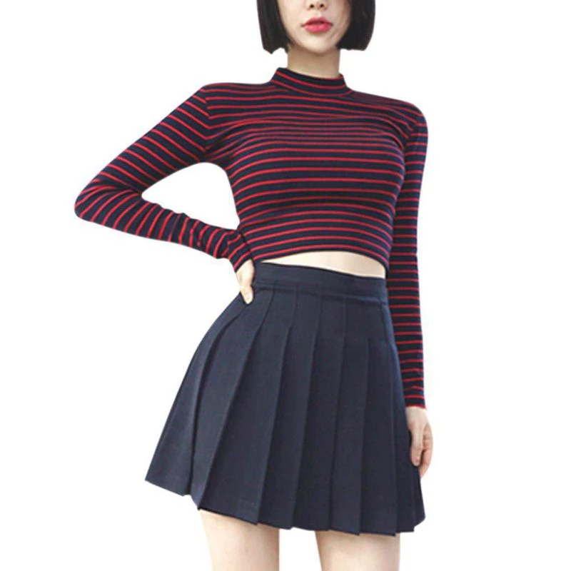 Women Chic Stripe Slim Short Bustier Crop Top Turtleneck Long Sleeve Women Chic Stripe Slim Short Bustier Crop Top Turtleneck Long Sleeve