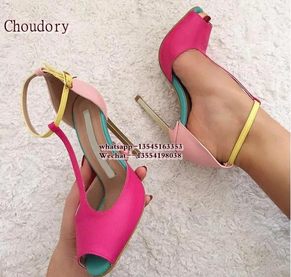 

Босоножки женские разноцветные на шпильке, с Т-образным ремешком и открытым носком