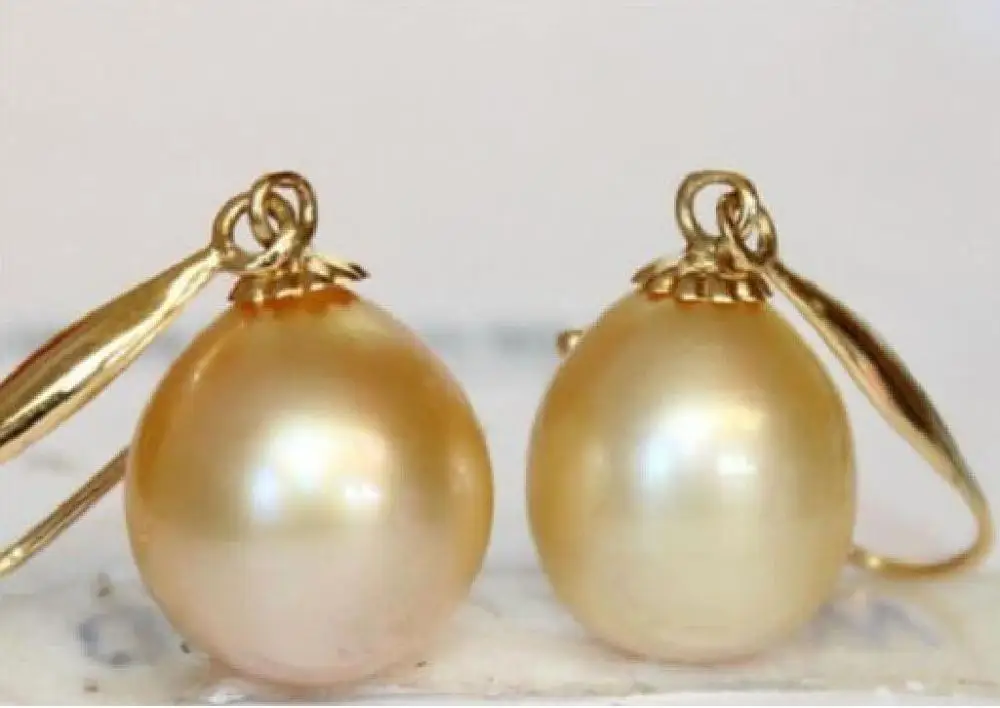 

VERY CHARMING A PAIR 9-12MM AUSTRALIAN SOUTH SEA YELLOW PEARL EARRING 14 HOOK v