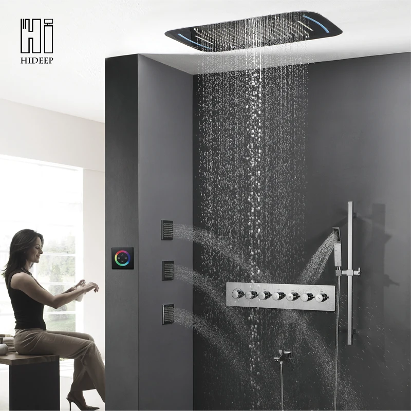 

HIDEEP Bathroom Roof Embedded Thermostatic Change Seven Function LED Shower Set Body Jets Waterfall Rainfall Faucet Shower Set