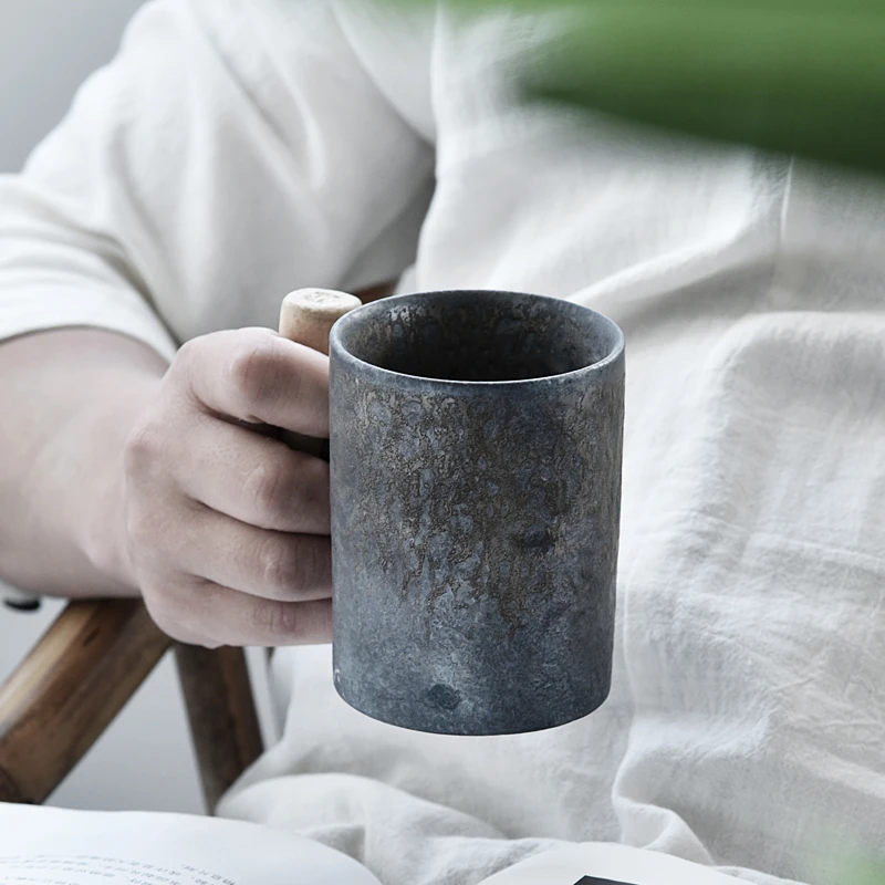 300 ml Винтаж Керамика грубая Керамика Кружка ржавчины глазури с деревянная рукоятка Чай чашка для кофе с молоком деревянные ложки воды офисная кружка
