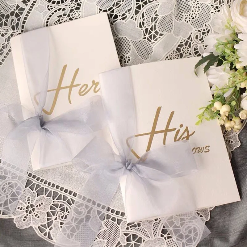 

2pcs lot paper folding His Her Vows Cards Wedding Marriage Day decoration photo props with ribbon wholesales