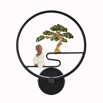 

Creative Unique Iron Circle Wall Lamp with Tree and Monk Decor Art for Living Room Bedroom Restaurant Cafe Hotel Aisle Corridor