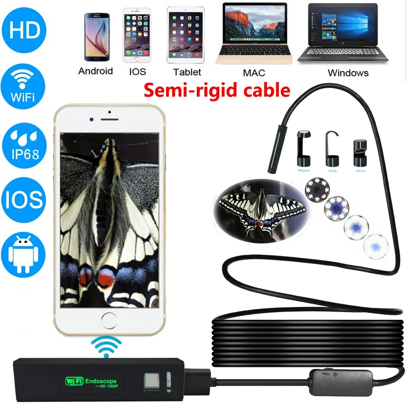 Эндоскоп HD 720P wi fi камера 8 мм 1200P бороскоп IP68 водонепроницаемая эндоскоп гибкая
