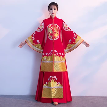 

Vintage Improved Bride Dress Classic Phoenix&Floral Cheongsam Traditional Handmade Embroidery Qipao Sexy Slim Toast Clothing
