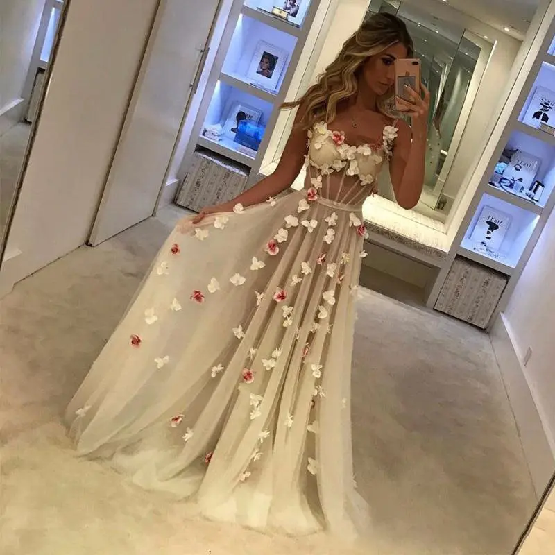 

Robe de Soiree Floral Luxury Beige Prom Dresses 2019 Sexy Sheer abiye vestido de festa Long Evening Party Dress Custom made