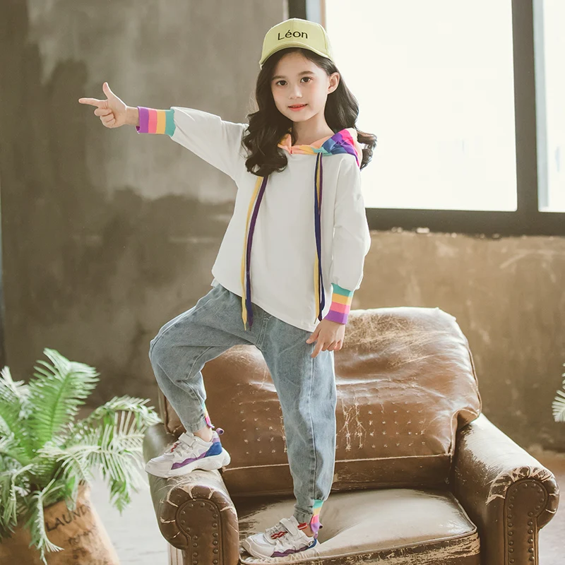 

Girls Boutique Outfits Girls Clothes Sets Rainbow Hoodie Sweatshirt + Jeans 2pcs Autumn Kids Clothing for 6 8 10 12 Age 2019 New