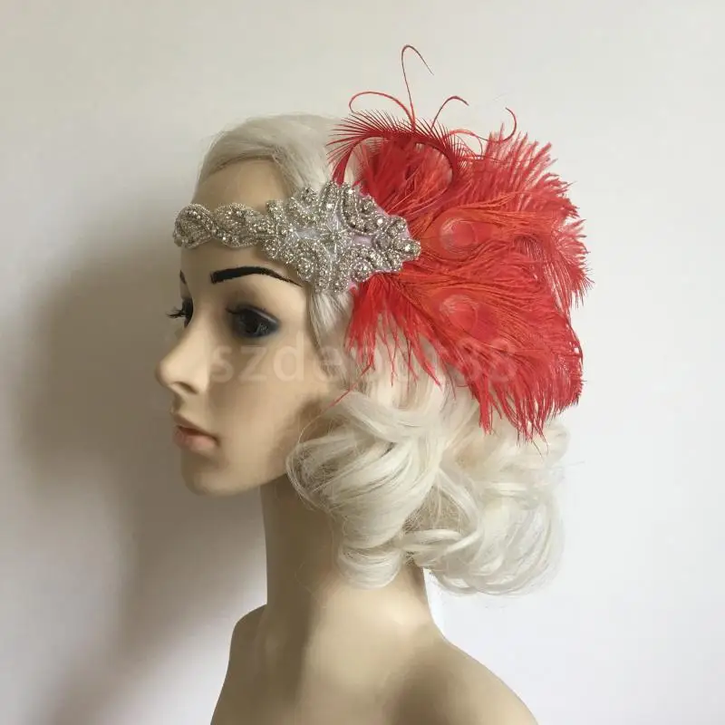 

Vintage Women Fancy Dress Fascinator Red Feather 1920s Headpiece Flapper Hairband Gatsby Headband 1920s