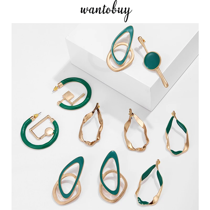 

Wantobuy Fashion Unique Gold Green Personalized Circle Earrings Charms Hyperbole Irregular Drop Earrings Party for Women Girls