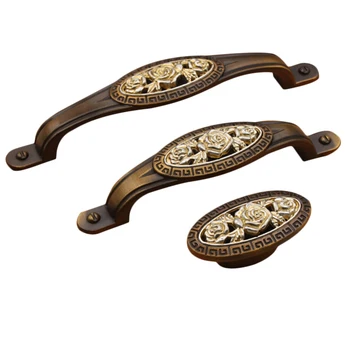 Retro Rose Shape Carved Handle Kitchen Cabinet Drawer Handle Door Knobs Bronze Tone Furniture Handles Decoration