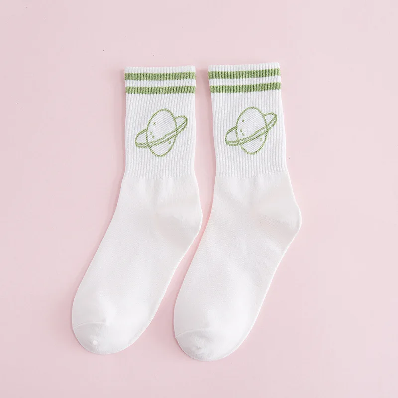 Модные милые женские носки в стиле Харадзюку с планетой и двумя полосками, хлопковые корейские летние весенние повседневные спортивные однотонные носки в подарок для девочек - Цвет: 4