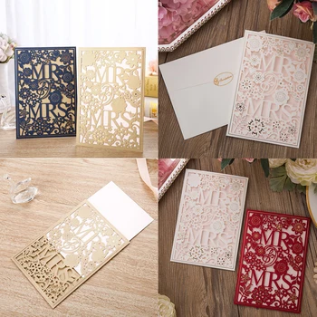 

1pcs White Gold Blue Laser Cut Wedding Invitations Card MR&MRS Elegant Greeting Cards Envelopes Wedding Party Favors Decoration