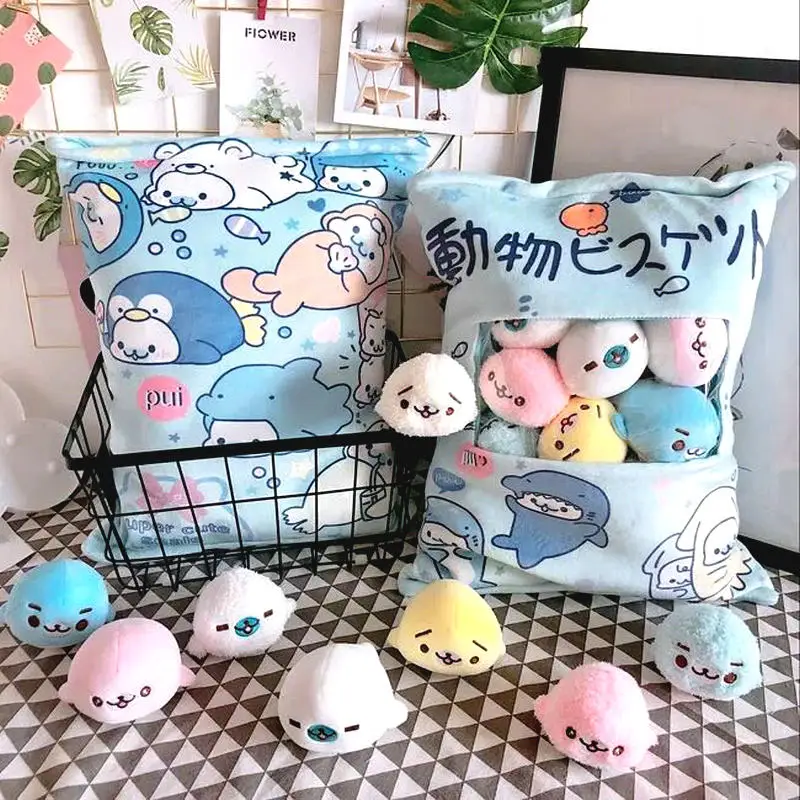 8 шт., плюшевые игрушки для всей семьи Тоторо, креативная мягкая подушка в виде животного, японское аниме, Мини-куклы в мешочке, подушка, подарок для ребенка - Цвет: 8pcs sea lion