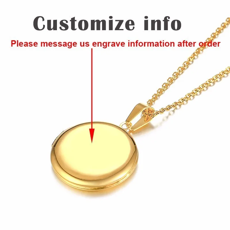 Vnox персонализировать круглый медальон, ожерелье для женщин из нержавеющей стали фоторамка подвески гравировка имя уникальный подарок на день Святого Валентина - Metal Color: Custom Gold Color