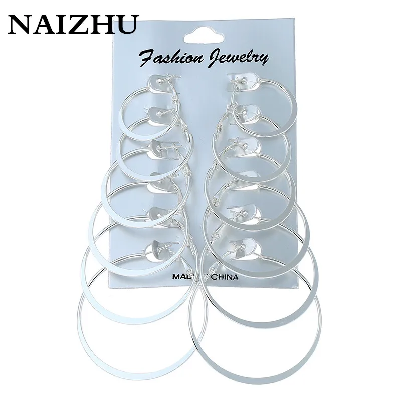 

NAIZHU Wholesale 6Pairs/set Hoop Earring Fashion Jewelry with Silver Plated Big Hoop Earings Set for Women Wedding Gift