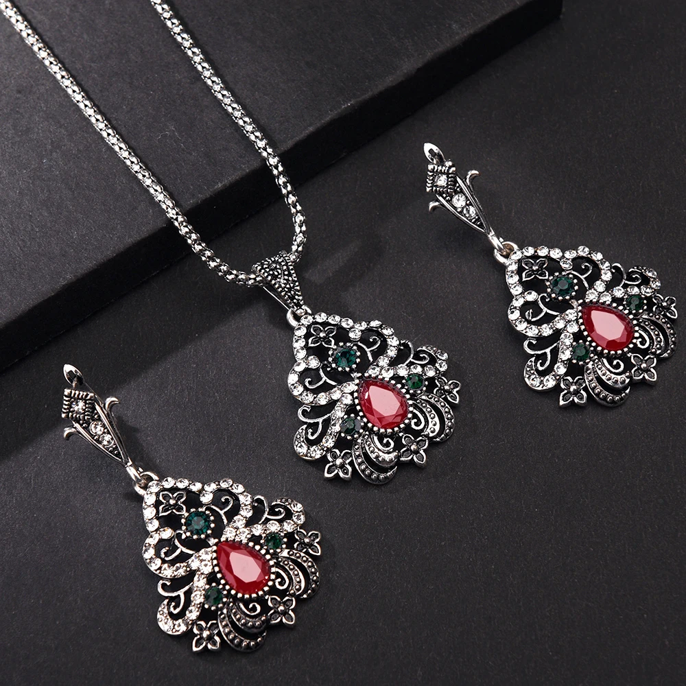 

Vintage Rhinestone Pendant Necklace Sets Earring Women Silver color Sets Turkish Wedding Middle East Countries Jewelry