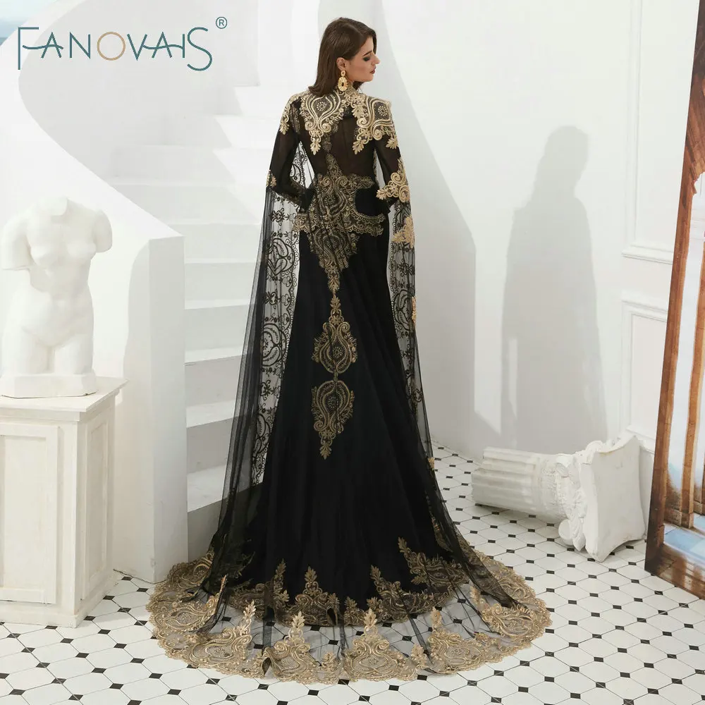 Черный Русалка вечерние платья с Мыс 2019 старинные Арабские Vestido De Fiesta Robe Soiree