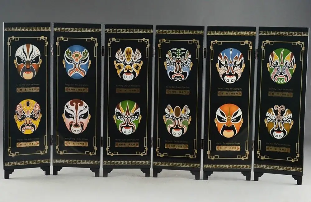 

( Mini ) Exquisite Chinese Lacquer Ware Handwork Painting Six Fans Beijing Opera Mask Folding Screen