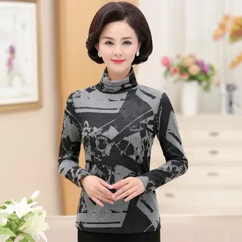 

2020 Fall Winter Women Turtleneck Pullover 5XL Plus Size Mother Warm Clothing Printed Long Sleeves Velvet T-shirt Tops