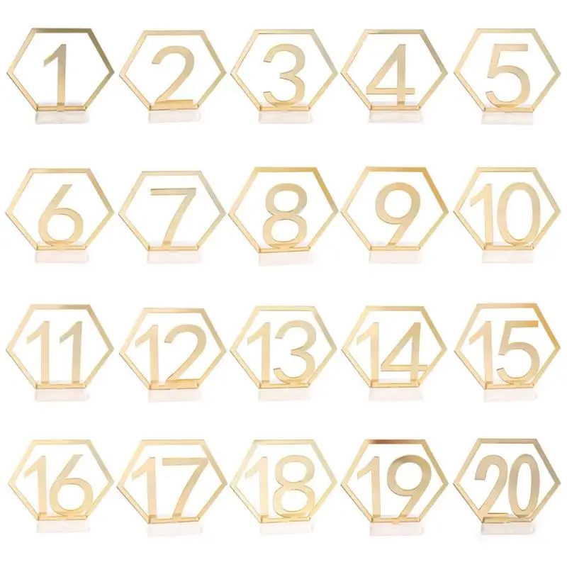 Зеркало свадебное сиденье карты шестигранный стол для чисел и символов для свадебной вечеринки декор серебристый золотистый акриловый номер день рождения геометрический - Цвет: Золотой