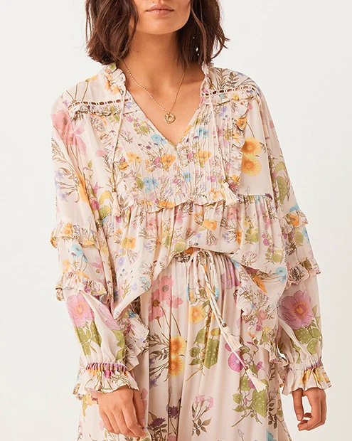 Everkaki винтажная Женская пляжная богемная блузка с цветочным принтом, женская рубашка с v-образным вырезом и расклешенными рукавами на шнуровке, свободные богемные рубашки blusa